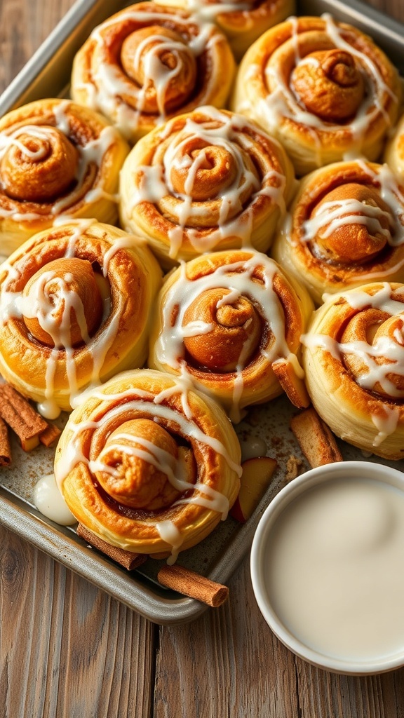Bread Machine Apple Cinnamon Rolls Recipe Freshly baked apple cinnamon rolls with icing on a rustic wooden table.